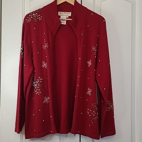 Norm Thompson Beaded Snowflake Zip Front Cotton Cardigan Sweater Red Size L - Picture 9 of 13